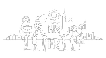 HR Illustration: Conceptual illustration depicting interconnected elements of human resources, showcasing a blend of abstract figures, icons, and textual elements.