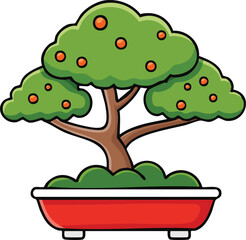 Cartoon illustration of a bonsai tree with orange fruits in a red pot.
