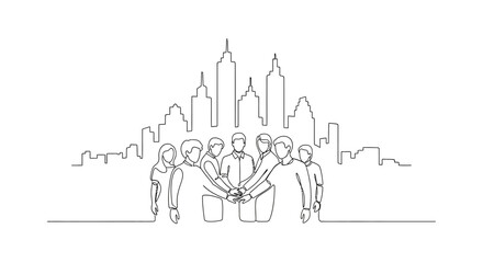 United Community in a Metropolis: A stylized illustration depicts a group of individuals joining hands in a united gesture, with the silhouette of a cityscape towering in the background.