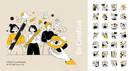 Be creative concept illustrations. Set of people vector illustrations in various activities of business, marketing, creative process, graphic and web design, social media, content management.