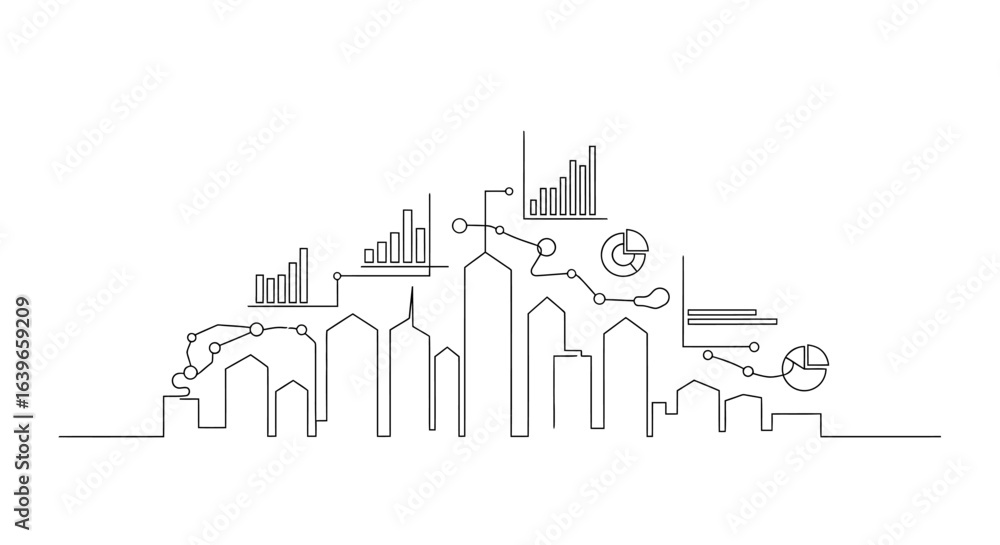 Poster growth of city statistics: a line art representation of a cityscape, dynamically integrated with sta