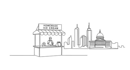 Artisan Ice Cream Stand: A charming sketch captures an ice cream vendor's stand, framed by a metropolitan cityscape. This evokes a feeling of simple pleasures amidst a thriving urban setting. 