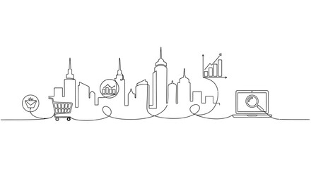 Naklejka premium Smart City: An urban skyline illustration with buildings interconnected, symbolizing smart city concepts, innovation, and the integration of technology in modern urban environments. 