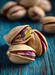 Close-up shot of several pistachios, some cracked open to reveal the vibrant green and purple nut inside, resting on a textured, dark blue.