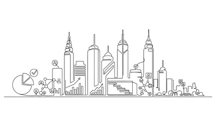Obraz premium Cityscape with Growth Data: A linear illustration of a skyline, incorporating charts and graphs symbolizing urban growth and data analysis, with a clean and modern aesthetic.