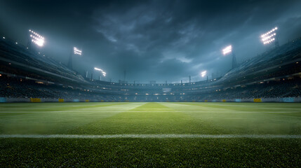 The vibrant football stadium, set for the season’s first game, with clear skies above and bright stadium lights. The lush green pitch is meticulously prepared, symbolizing a new season of excitement.