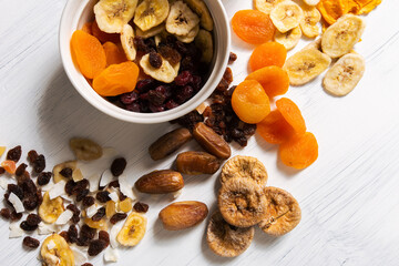 Assorted Dried Fruits in a Bowl and on Table