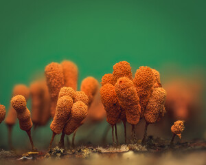 Orange Slime Mold Sporangia Macro – Myxomycetes on Green Background
