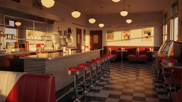 Empty Retro American Diner at Sunrise. Vintage Restaurant Interior with Red Booths and Checkered Floor. Nostalgic 1950s Style Cafe.