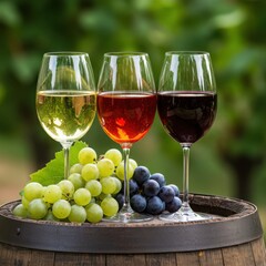 Three glasses of wine with grapes on a barrel