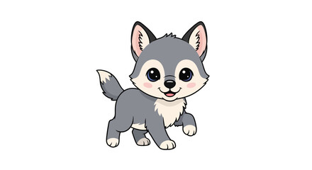 Obraz premium Adorable Cartoon Grey Wolf Cub Walking with Happy Expression and Big Eyes a Delightful Animal Illustration