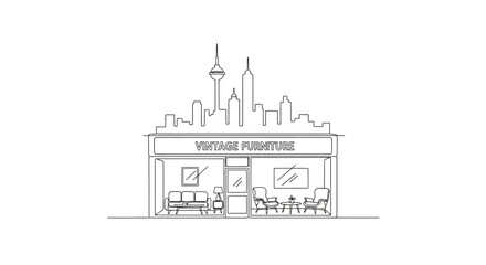 Vintage Furniture Store Sketch: A minimalist line art drawing depicts a quaint vintage furniture store front, seamlessly integrated with the urban silhouette of a cityscape above it.