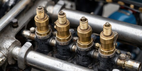 Close up of antique brass spark plugs and metallic engine components in a vintage machine