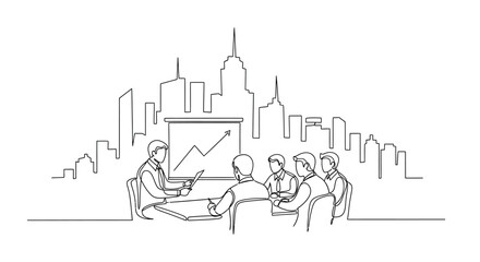 Cityscape Presentation: A drawn illustration shows a business meeting happening in a modern setting, where professionals engage in presentation amidst the iconic urban skyline.