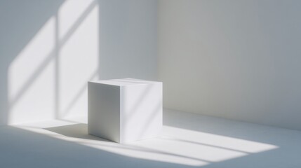 Empty white cube pedestal in bright daylight for product placement mockup.