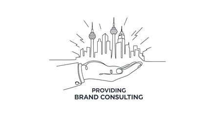 Empowering Vision: A symbolic representation of the skyline held with a supporting hand, under the service providing brand consulting.