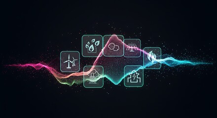 Futuristic eco infographic logo with lenticular print color shifts, intense dynamic light rays, and flowing wave animations