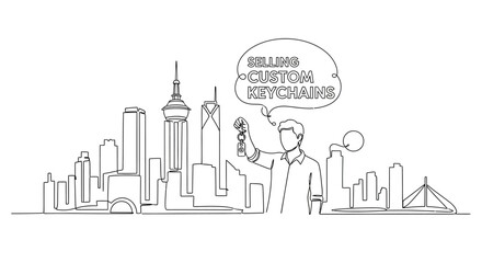 Obraz premium Urban Keychain Seller: A minimalist linear illustration shows a cityscape with a vendor promoting custom keychains, offering a glimpse into urban entrepreneurship and crafted accessories.