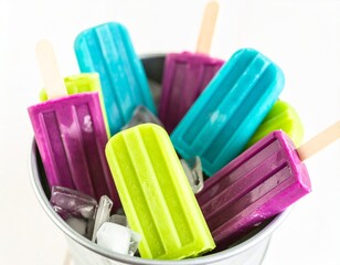 Colorful Popsicles in Bucket with Ice, Summer Treats