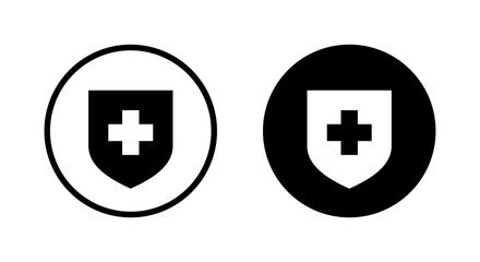 Obraz premium Health protection shield icon in black circle. Medical cross security symbol