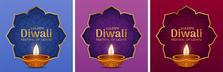 Set of square vector banners for Diwali festival of lights with oil lamps, mandala patterns in blue, purple and maroon colors.