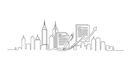 Fototapeta premium Career Growth in the Metropolis: A continuous line drawing depicts career development with skyscrapers, documents, and a rising graph, capturing the essence of urban professional advancement.