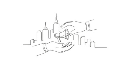 Obraz premium Megaphone City Exchange: A concise line drawing portrays a megaphone transfer against a cityscape, symbolizing communication and dissemination.