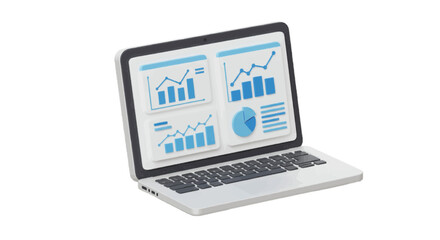 3D vector icon of a laptop with financial dashboard, plain white background, modern style