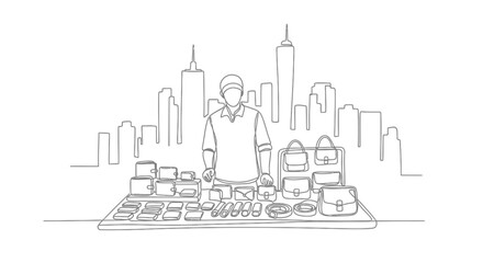 Fototapeta premium City Seller's Collection: An illustration captures the essence of a street vendor's collection, with a seller standing proudly before his wares against a cityscape backdrop.