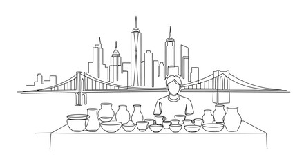 Fototapeta premium Urban Potter and Cityscape: A skilled artisan is showcasing handmade ceramic art with the silhouette of a famous skyline in the background.