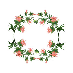 This elegant illustration features a symmetrical floral frame composed of delicate pink flowers with green leaves and stems. The wreath-like design is open at the top and bottom, creating a decorative