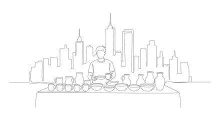 Fototapeta premium Urban Potter: A minimalist line art sketch captures a potter at their table with various crafted ceramics against the backdrop of city's towering skyscrapers.
