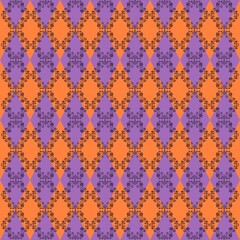 Seamless geometric pattern with alternating orange and purple diamond shapes, adorned with delicate black floral motifs. Perfect for Halloween,  textiles, wallpapers, and decorative designs.
