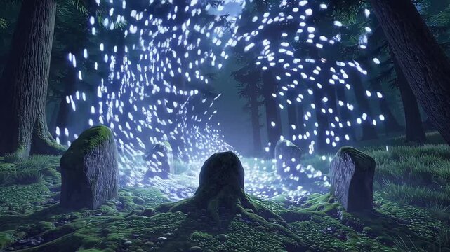 In a magical forest, glowing orbs dance around ancient stones, creating an enchanting spectacle. The serene scene is filled with mystical energy, drawing viewers into a world of fantasy and wonder.