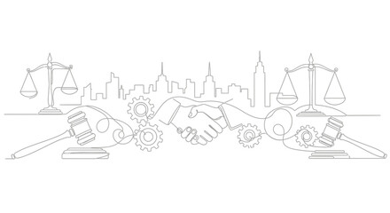 Legal Agreement: A minimalist line art illustration depicts the essence of law and order with balanced scales, a gavel, cogwheels, handshake, and a cityscape silhouette.