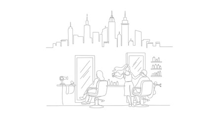 Obraz premium Salon Daydream: A stylized depiction of a salon scene unfolds, with a stylist and a client, mirrored by a captivating cityscape, creating a harmonious blend of personal care and urban essence.