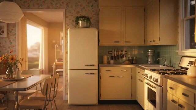 Retro kitchen interior with vintage appliances and dining area. Cozy home scene with warm sunset lighting and nostalgic atmosphere.
