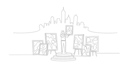 Naklejka premium Art Exhibition in Silhouette: An artist, surrounded by their creations displayed on easels against a minimalist skyline. The image evokes the essence of creativity and artistic expression.