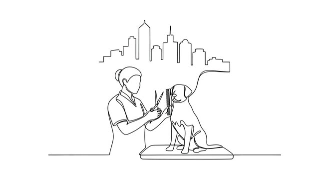 Line Art Pet Grooming: A line art illustration capturing a skilled professional grooming a dog, with the city skyline elegantly drawn in the background, symbolizing care and urban life.