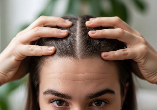 Woman touching her hair and scalp with her fingers