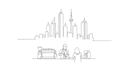 Obraz premium City Cafe Scene Illustration: A modern illustration shows barista crafting the perfect coffee in front of cityscape.