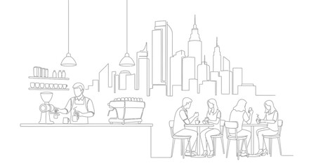 Obraz premium Urban Cafe Line Art: This minimalist line art illustrates a bustling urban cafe scene, capturing the essence of city life and the warmth of a coffee shop environment.
