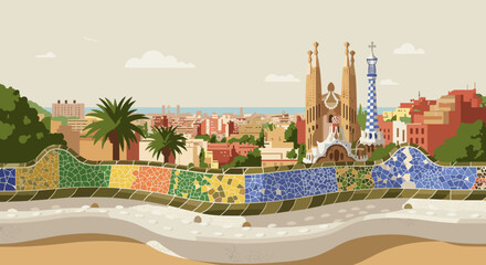 Exploring architectural wonders at park guell barcelona digital art urban landscape aerial view culture. Vector illustration
