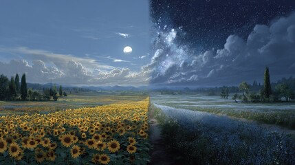 Sweeping landscape split in half: one side bright daylight with sunflowers, the other a starry night with moonlight, illustrating the balance of day and night