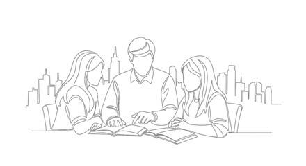 United Minds: A detailed continuous line drawing captures the moment of focused learning as three individuals, sharing a book in a city. Evoking the connection of shared knowledge and urban life.