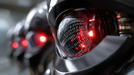 Robot Eyes Reflecting Binary Code and Encrypted Firewalls
