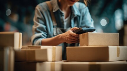 A worker scans packages in a warehouse setting, preparing them for shipment and delivery to their final destinations.