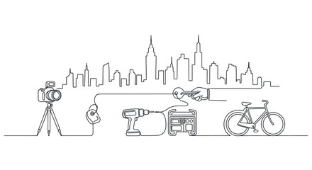 Obraz premium Skyline and Creative Construction: A continuous line drawing of a cityscape is intricately intertwined with an array of objects. This artwork represents the symbiosis between urban life and tools.