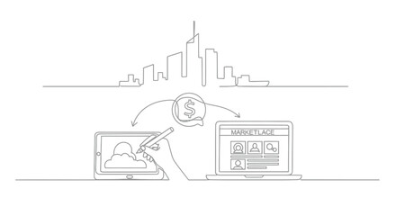 Digital Marketplace and Fintech: A line art illustration that shows seamless digital exchange. The illustration features a cityscape, a tablet with a stylus, a laptop with a marketplace interface.