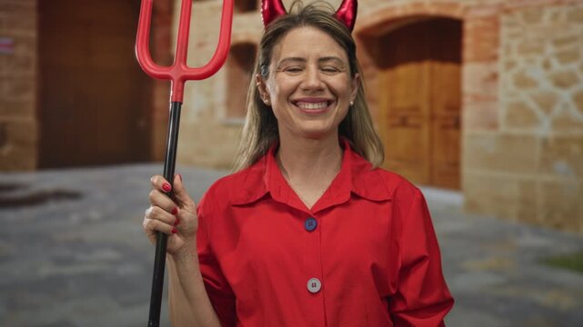 Blonde woman smiling and wearing devil horns and holding pitchfork on street; playful mischief festive fun.